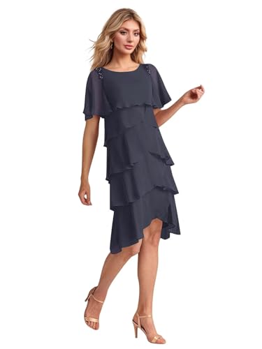 Tiered Mother of The Bride Dresses for Women Chiffon Beaded Short Formal Wedding Guest Dress