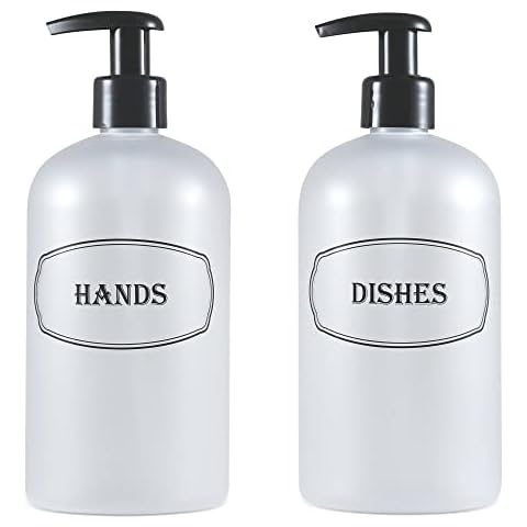 Bottiful Home- 16 oz Frosted Clear Hand Soap and Dish Soap Dispenser Kitchen Sink Pump Bottle Set-Black Print-Empty PET Plastic-Waterproof, Rust-Free, Clog-Free, Drip-Free Cover