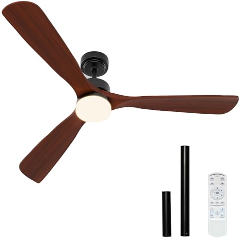 Image of 60 Inch Ceiling Fans with Lights and Remote Control, Walnut Ceiling Fan with Light for Bedroom, Living Room, Covered Outdoor, 6 Speeds Reversible Noiseless DC Motor, 3CCT, Dimmable LED Light