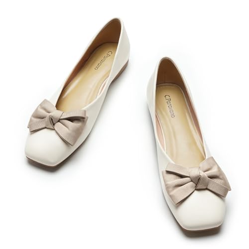 C.Paravano Women's Flats | Square Toe Shoes for Women | White Flat Shoes | Women Soft Leather Bowknot Dressy Flat | Slip On Ballet Flats for Work Walking & Wedding Party (Size 5,White)