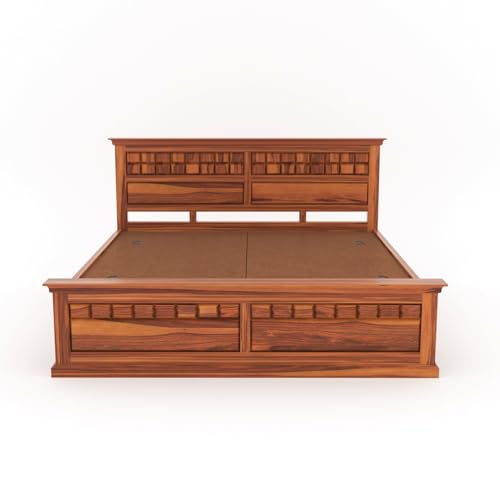 Image of Sheesham Wood Queen Size Bed with Storage Box Wooden Box Bed Queen Size Double Cot Bed with Storage for Bedroom Premium Chocolate Dalla Design Headboard Bed for Living Room | Honey Finish