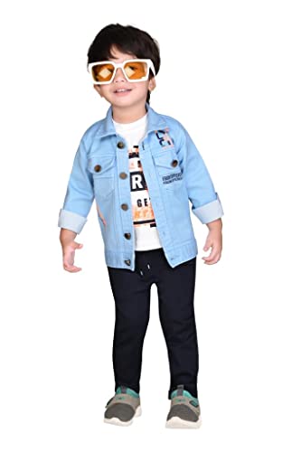 Image of DOTSON Cotton Blend Printed Clothing Set For Baby Boys- Jacket, Pant & T Shirt (6-12 Months, Blue)