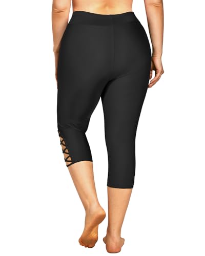 Holipick Black Plus Size Swim Pants for Women Criss Cross Swim Capris High Waisted Swim Leggings UPF 50+ Long Swim Shorts 26W4