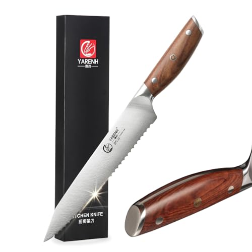 YARENH Couteau à Pain Professionnel, Lame Dentelée en Acier Inoxydable, Poignée en Bois Antidérapante, Pour les Cuisiniers et les Amateurs de Cuisine