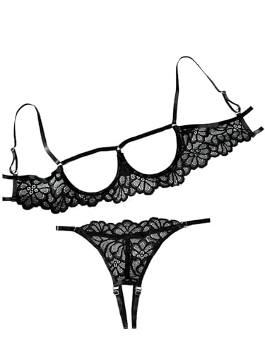 Image of Lilosy Sexy Underwire Floral Lace Sheer Lingerie Set for Women See Through Bra and Panty 2 Piece