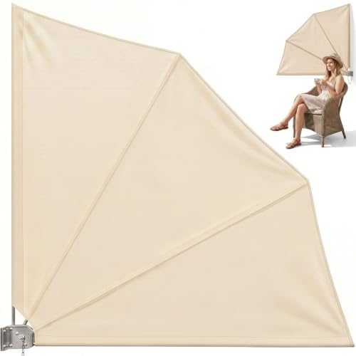 DETEX Balkonfächer Sichtschutz inkl. Abdeckung 140x140cm Wetterfest UV-beständig Faltbar Terrasse Seitenmarkise Sonnenschutz Wandhalterung Beige