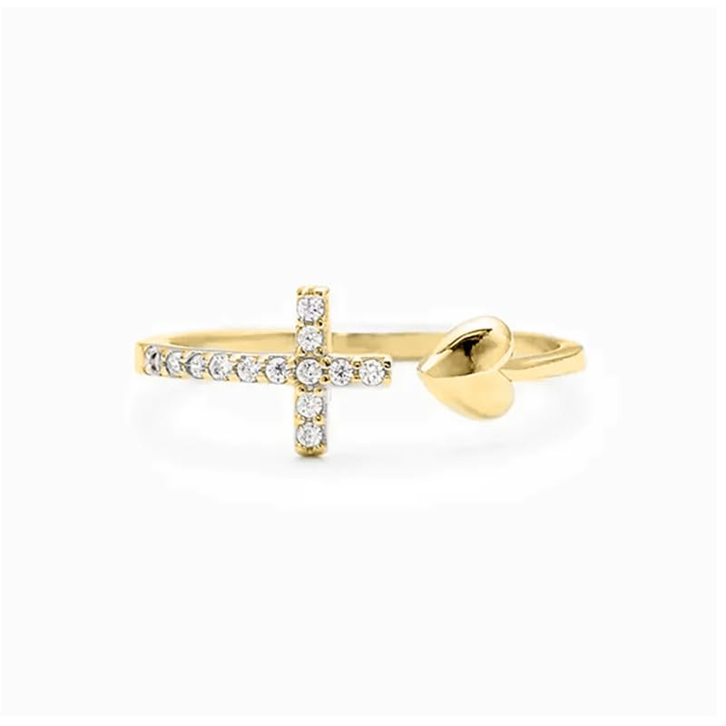 Cross Rings for Teen Girls Silver/Gold Heart Ring Cubic Zirconia Adjustable Ring Inspirational Pray Cross Heart Religious Christian Faith Jewelry Gifts for Her(Gold)8#2