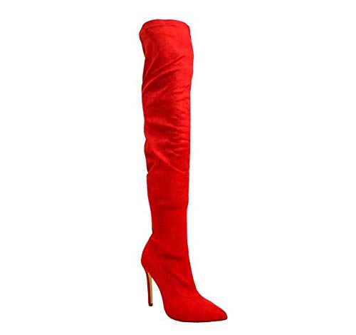 Liliana Gisele-7 Red faux Suede Pointy Toe Thigh High Single Sole Stiletto Boot (10)