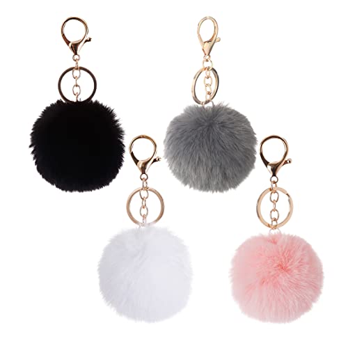 PMELCXD 4 Pcs Porte Clé Pompon en Vrai Poil Lapin, Doux au Toucher Garanti 4 Couleurs