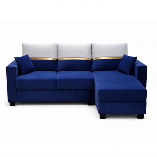 Image of Furny Arvea 4 Seater Fabric RHS L Shape Sofa Set (Blue) | Soft Velvet Fabric | Modern Design | Comfortable Seating | Living Room Furniture