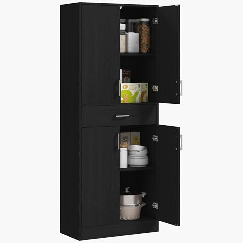 HOMCOM Buffet de Cuisine Armoire de Cuisine Buffet Haut 2 étagères réglables 4 Portes 2 placards et 1 tiroir Central Hauteur 180 cm Noir