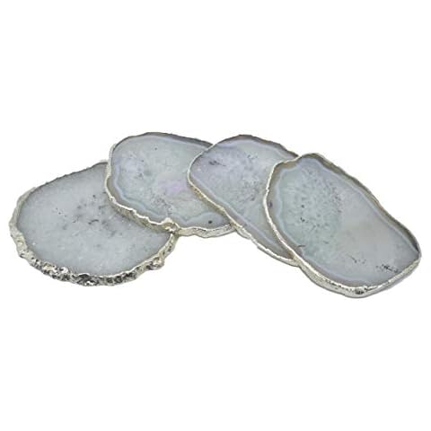 Nature’s Decorations - White Agate Slice Coasters Set of 4 Silver Trim Accents, Agate Geode Coaster Set for Hosting and Gift for Housewarming, White/Silver Cover