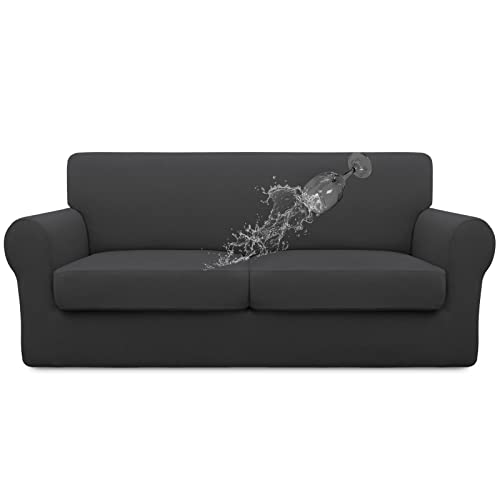 Image of Easy-Going Waterproof 3-Piece Oversized Loveseat Couch Covers for Sofa | 3-Piece Set Spandex Sofa Cover Slipcover Elastic Bottom Dog Pet Friendly Dark Gray