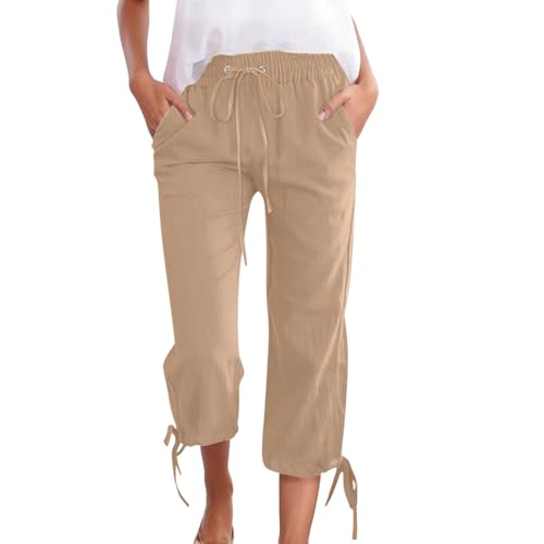 Pantacourt 3/4 femme en aspect lin d'été léger avec taille élastique confortable