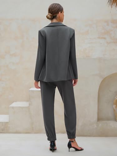 EXLURA Women's Business One Button Blazer Jacket High Elastic Waist Pant Suit Set Casual Loose 2 Piece Suits Office Work2