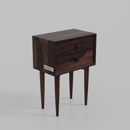 Image of Solid Sheesham Wood Bedside Table for Bedroom | Handmade Pure Wooden Bed Side Nightstand End Table with 2 Drawer Storage for Home & Bed Room | Rosewood, Walnut Finish