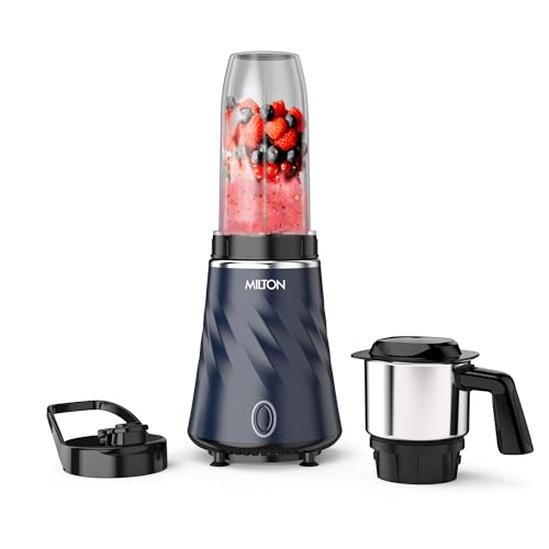 Image of Milton Appliances Miniq Mini Bullet Mixer Grinder I ISI Certified I Smoothie Maker & Blender I SS Jar & On-the-Go Jar I Powerful HTLV 350W Motor | For Juices, Smoothies, Chutney, Dark Blue
