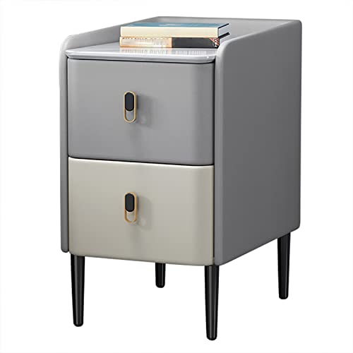 Mesita De Noche Estrecha Con 2 Cajones|Mesa Auxiliar Delgada Mesa De Sofá Moderna Para Espacios Pequeños|Mesita De Noche De Cuero De Microfibra,Gris Claro+Blanco Roto,25x40x50cm (9.8x15.7x19.6in)