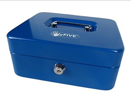 Hyfive® Una especie de caja chica 8' 200mm se suministran con 2 llaves y cambiar la bandeja extraíble, perfecto para el almacenamiento seguro de cambio suelto, Caja de metal azul