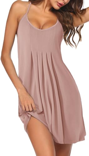 Ekouaer Nachthemd Damen Ärmelloses Nachtkleid U-Ausschnitt Schultergurte Nachtwäsche Sexy Sleepwear Rosa L