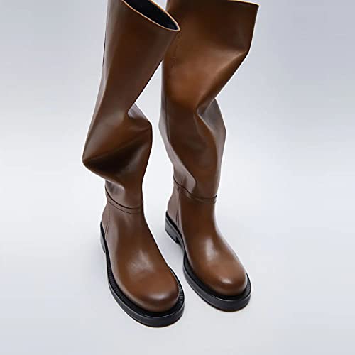 keleimusi Women's Knee High Leather Riding Boots Comfortable Pull On Round Toe Low Block Heeled Shoes for Ladies4