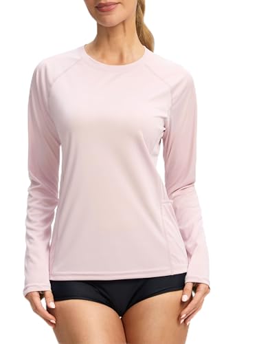 Viodia Rash Guard for Women UPF 50+ SPF UV Long Sleeve Shirts Sun Protection Quick Dry Hiking Swim Shirt with Pockets Pink M