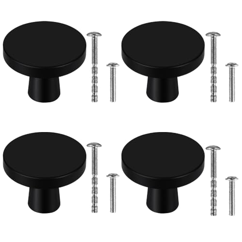 HNGUSNHOP 4 PCS Black Cabinet Knobs 30mm Round Cupboard Knobs with 2 Sizes Screws Aluminum Alloy Round Drawer Handles for Dresser Door Kitchen Bathroom Furniture