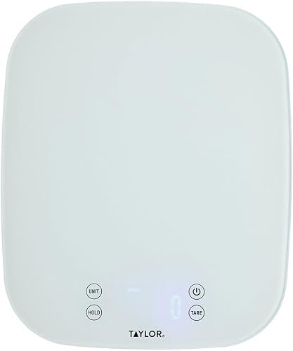Taylor Pro Digital Kitchen Food Scales, Compact Professional Standard with Precision Accuracy and Waterproof Design with Tare Feature, White Glass, Weighs 14 kg/14 L Capacity