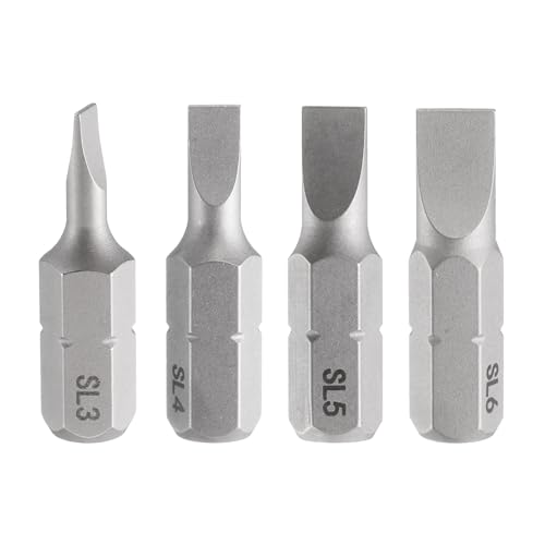 QUARKZMAN 4 Pcs Punta de Destornillador Ranurado Sl3/Sl4/Sl5/Sl6 con Vástago Hexagonal de 1/4 de 25 Mm/1 Longitud, Punta Plana Magnética de Acero S2 de Impacto Eléctrico de Potencia