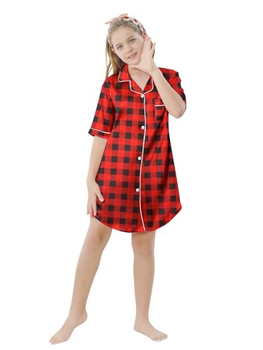 Image of Schbbbta Girls & Women Silk Nightgown, Short Sleeve Button Down Satin Nightshirt Pajama House Dress, 3 Years- Women 2XL