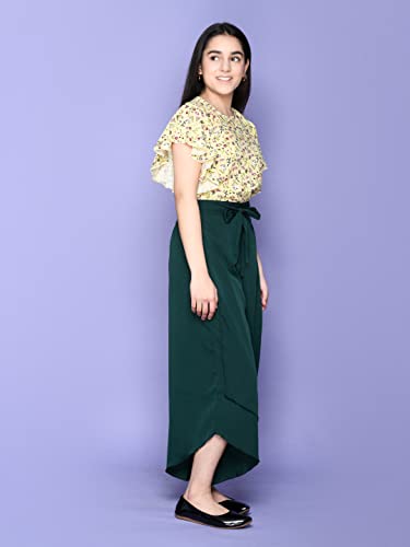 Image of LILPICKS Girls Floral Flutter Sleeve Top with Stylish Long Skirt Set (Yellow Teal Green)