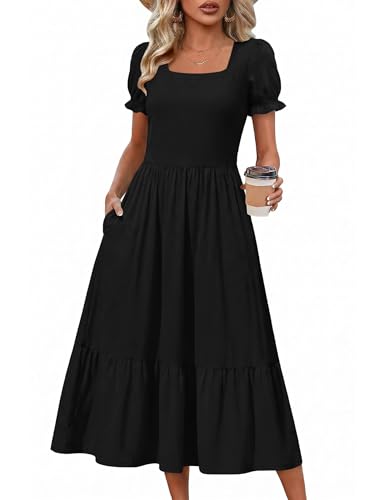 Zeagoo Casual Dresses for Womens Black Sundresses with Pockets Short Sleeve Midi Dresses for Women 2026 Tiered Dress Business Casual Dresses L