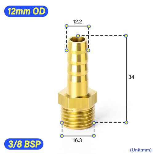 TAILONZ PNEUMATIC Brass Hose Barb Fitting -12mm Barb to 3/8 Inch Male BSP Adapter(Pack of 5), Yellow - Image 2