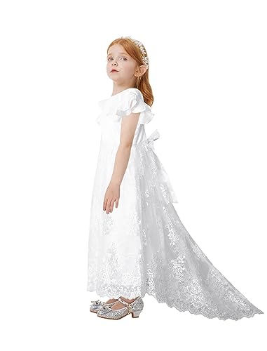 Flower Girl Dress Lace V Back Embroidery Tail Vintage White Dress Wedding Party Outfit
