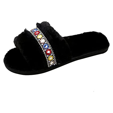 Womens Fluffy Sliders Soft Plush Faux Fur Slippers Memory Foam Comfy Furry Cozy Open Toe Flat House Shoes black-41 Cover