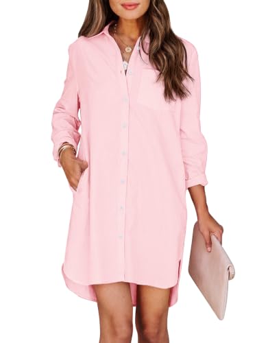 Image of Aoudery Womens Button Down Shirt Dresses with Pockets Cotton Button Up Tunics Long Sleeve Solid High Low Blouse Tops
