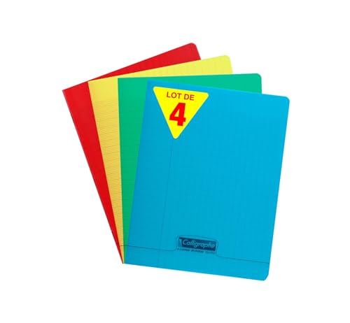 Calligraphe 18112AMZC Lot de 4 Cahiers Agrafés (une Marque de Clairefontaine) - 17x22 cm - 60 Pages Grands Carreaux - Papier Blanc 90 g - Couverture Polypro Transparent (Bleu, Rouge, Vert et Jaune)