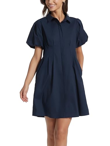 D-Sun Women's Short Puff Sleeve Shirt Dress Button Down Pleated Mini Dress Summer Casual Short Dresses