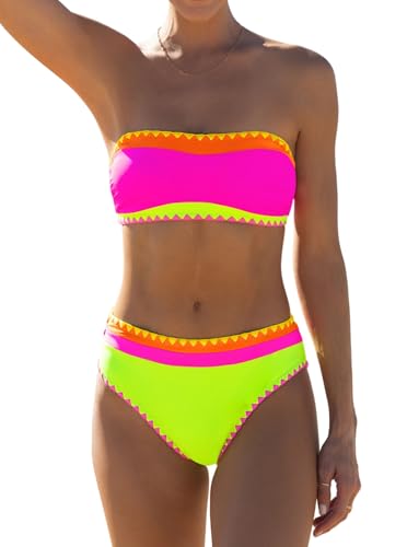 Image of popvil Bikini Sets for Women Bandeau Swimsuits Strapless Two Piece Bathing Suits Neon Swimwear for Beach Vacation 2026