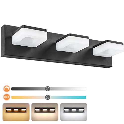 GOODATE 3 Colors Dimmable Black Bathroom Light Fixtures Over Mirror, LED Vanity Lights, Acrylic Stainless Steel 3 Light Bathroom Vanity Light Fixtures, Adjustable 3000K/4000K/6000K, 360° Rotate