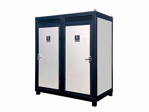Image of Portable Toilet With Light, Outdoor Portable Restroom With Dual Private Stalls, Sink And Vent Fan, Two Person Mobile Toilet For Events Construction And Festivals, Silver Color