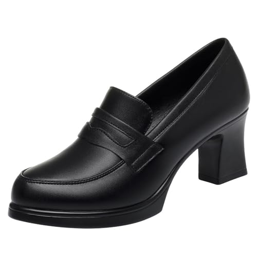 Women's Leather Chunky Heel Loafer Pumps Closed Round Toe Slip On Mid Heel Penny Loafers Office Business Work Dress Shoes