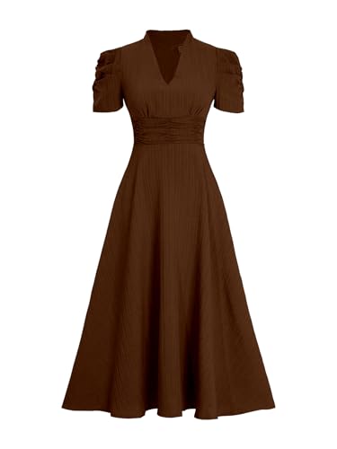 Image of Sugathari Women Women's V-Neck Maxi Dress, A-Line Style, Puff Sleeves, Cinched Waist 246