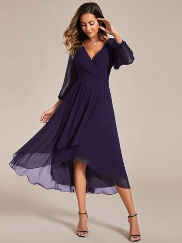 Image of Ever-Pretty Women's Chiffon V Neck Long Sleeves A-Line Midi Length Wedding Guest Dress Cocktail Party Formal Dresses 01926