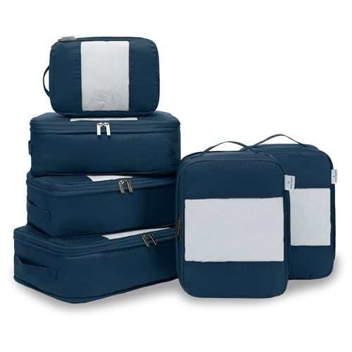6-Pack Compression Packing Cubes Travel Essentials - Lightweight, Water-Resistant Luggage Organizer Bags with Handles, Durable Travel Accessories Suitcase Organizer (Inkblue)