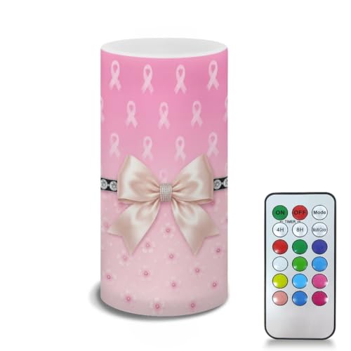 Image of Poceacles Flameless Candle Battery Powered with Remote Control Breast Cancer Awareness LED Night Lights Pillar Candle Tealights Home Indoor Decor, Pink Ribbon Bow Cherry Blossom Print