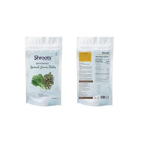 Image of SHROOTS Dehydrated Spinach (Palak) Leaves Flakes | 100% Natural & Pure Vegetarian | Machine-Dried| Nutrient-Rich & Flavorful | Ideal for Cooking, Soups, Curries & Seasoning | 60g Each Pack of 1