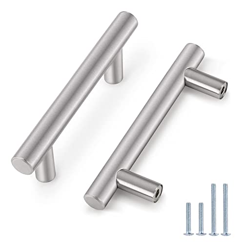Image of Probrico 12 Pack|Brushed Nickel Modern Cabinet Cupboard Pulls in Brushed Nickel, Stainless Steel Euro Bar Kitchen Cabinet Handle Modern T Bar Dresser Pulls - 3 inch Hole to Hole, 5 inch Overal Length