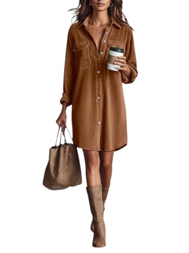 Minetom Robe Chemise en Velours Côtelé Femme Automne Hiver Décontractée Manches Longues Robes avec Boutons Poches A Marron L