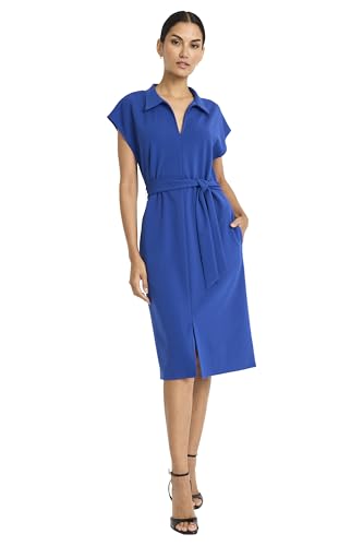 Maggy London Women's Midi Length Cap Sleeve Shirt Pockets-Self Tie Belt-Business Casual Work Dress